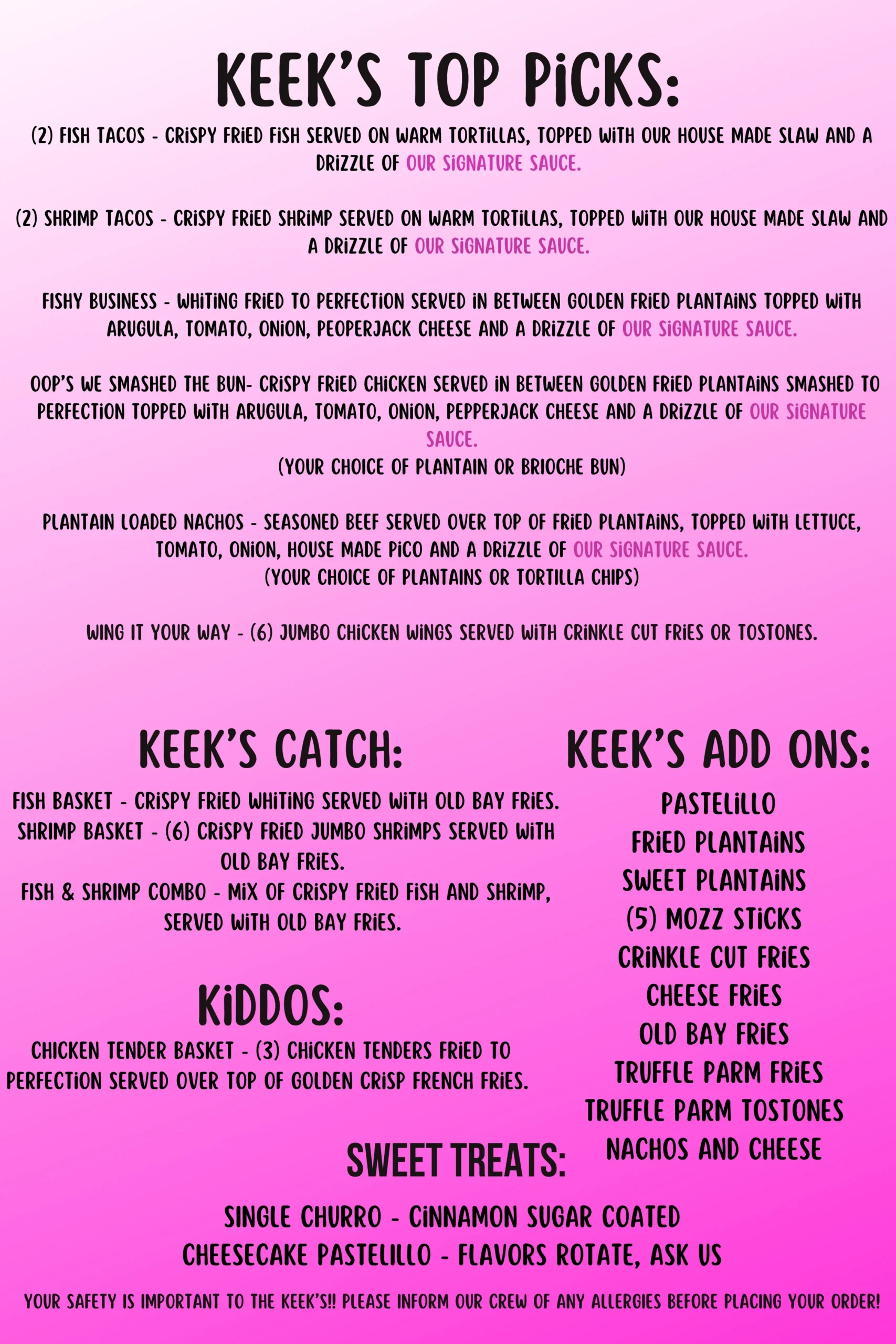 Keek's Menu No pricing