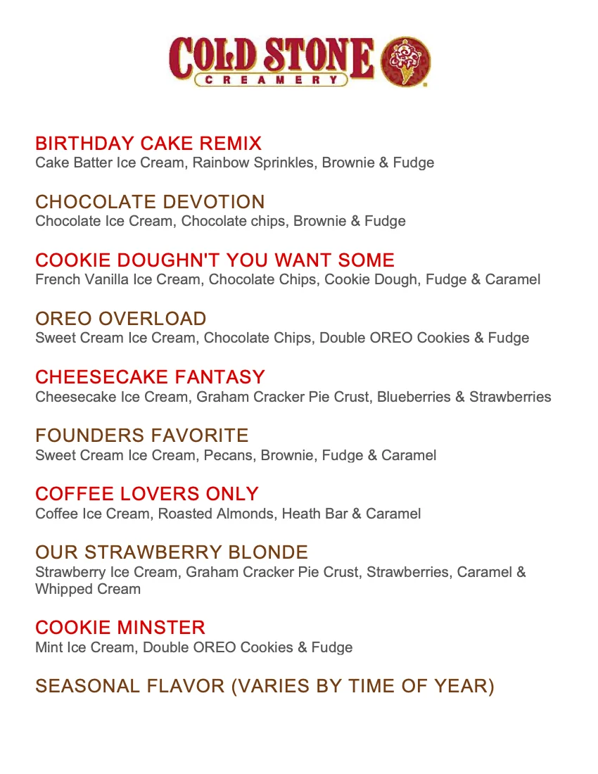 cold stone 2025 menu no prices