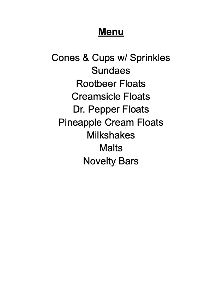 ice cream creations 2025 menu no prices