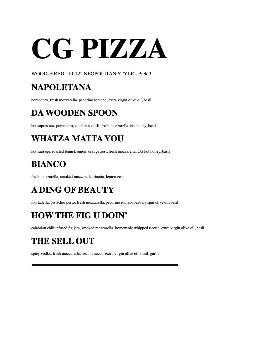 cg pizza 2025 menu no prices