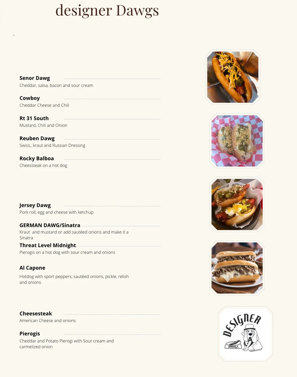 designer dawgs 2025 menu no prices