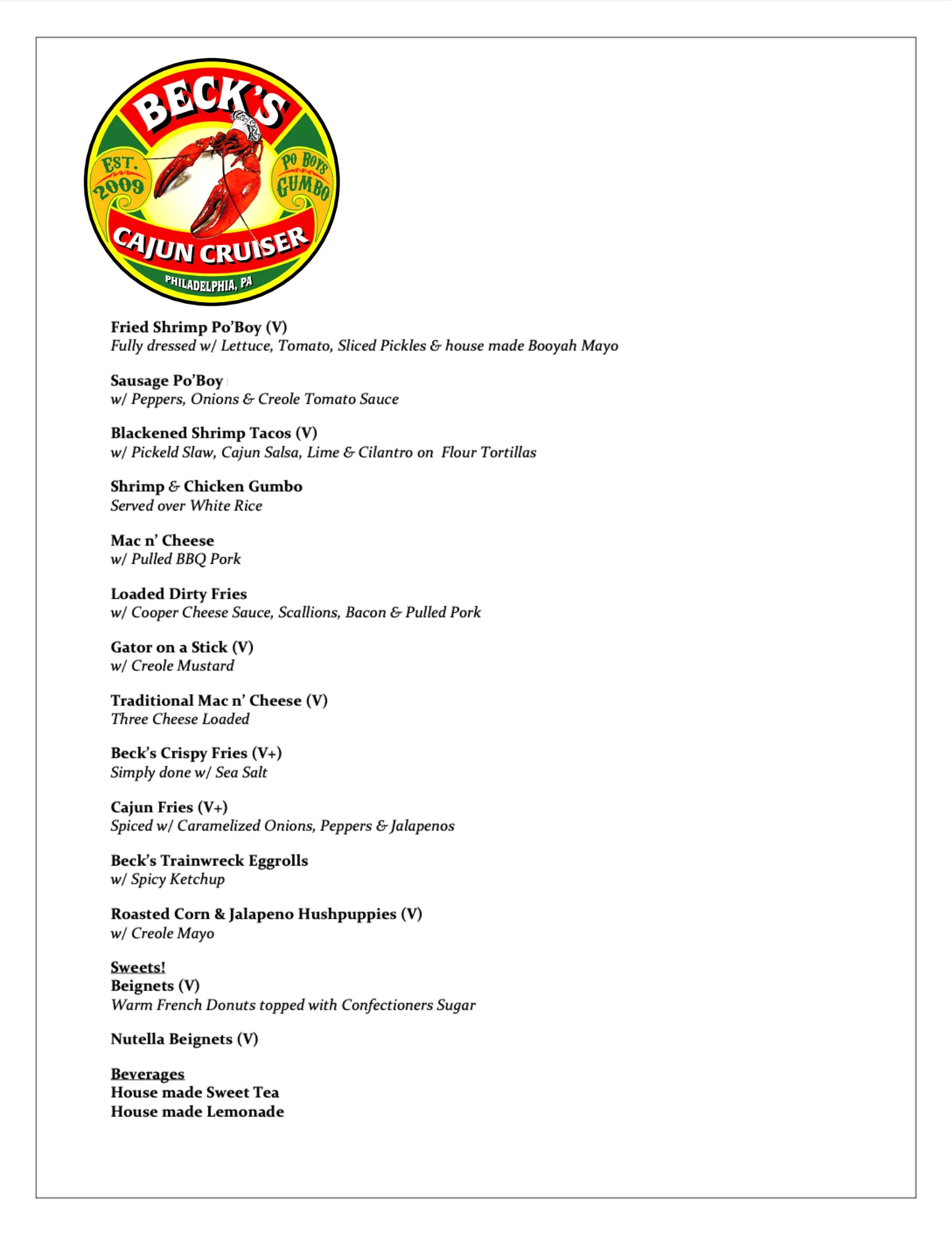 Beck's Cajun Cruiser Menu No Prices