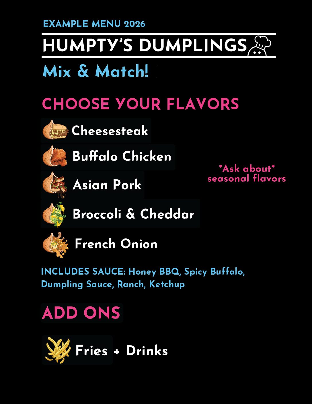 Humptys Menu No Pricing