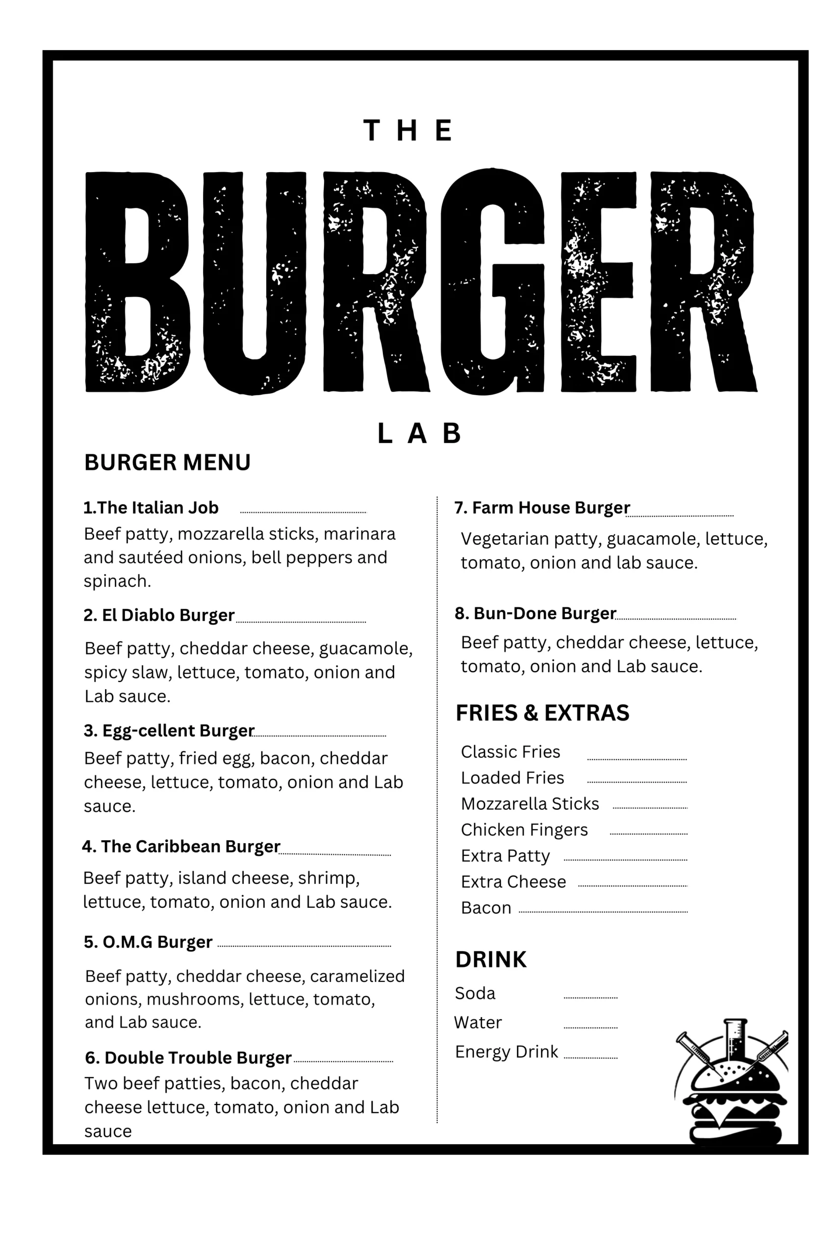 The Burger Lab Menu No pricing