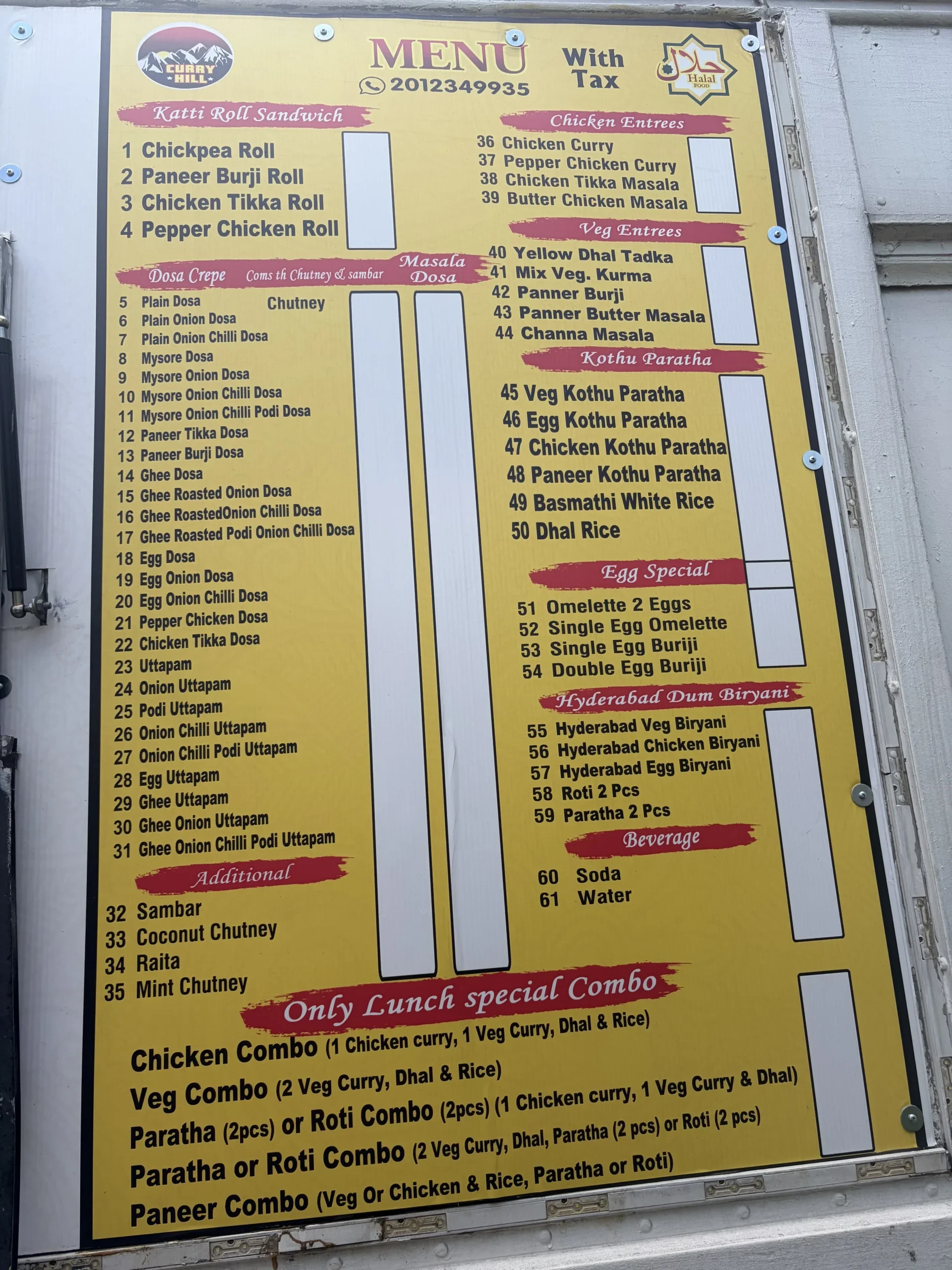 Curry Hill Menu - no prices
