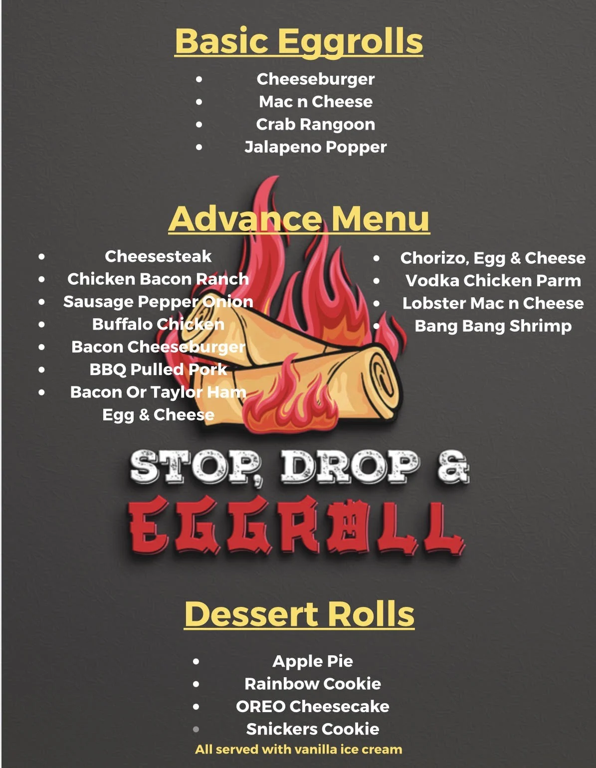 Stop Drop & Roll Menu No Prices
