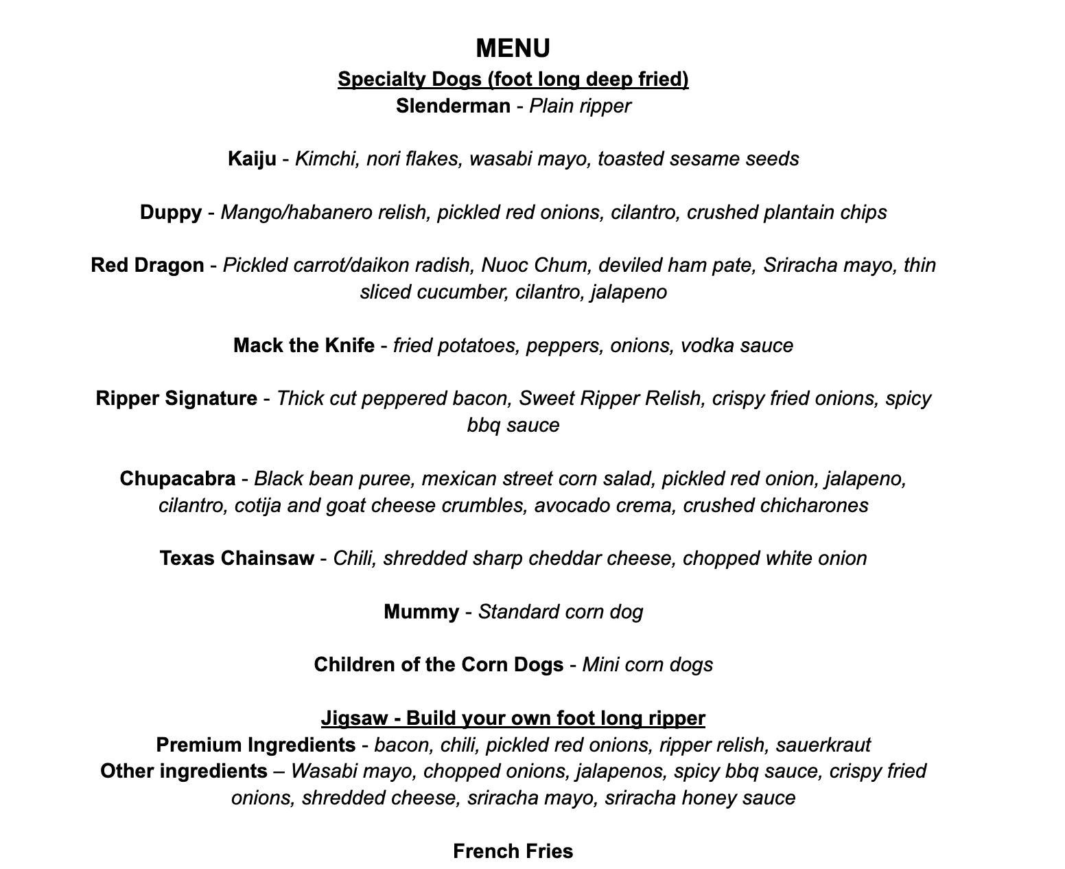 Pat the Ripper Menu